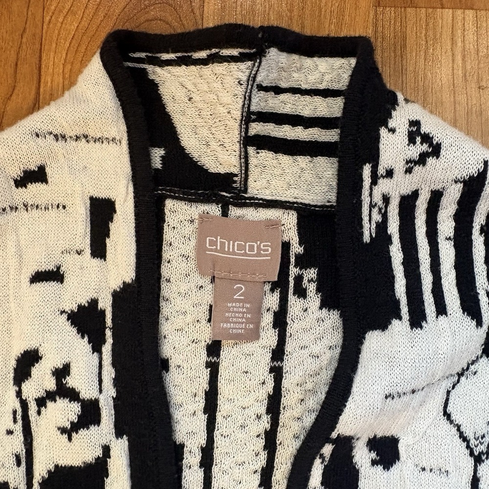 Chico's Black White Patterned Knit Cardigan Open Front Size 2 Large Cozy Winter - Picture 2 of 7